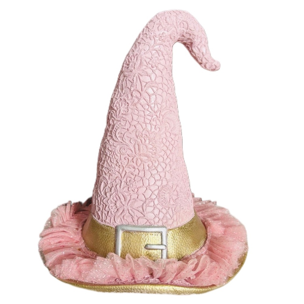 Bella Lux Pink Lace Resin Halloween Witches Hat w/ Pink Tulle Trim